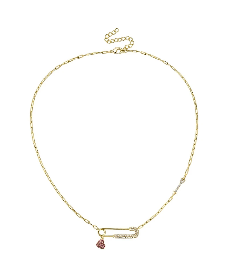 GiGiGirl 14k Gold Plated with Red & Cubic Zirconia Heart Charm Dangle Paperclip Adjustable Length Necklace