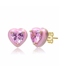 14k Yellow Gold Plated with Pink Cubic Zirconia Pink Enamel Halo Heart Stud Earrings