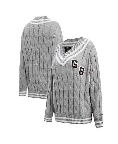 Women's Pro Standard Heather Gray Green Bay Packers Prep V-Neck Pullover Sweater