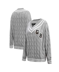 Women's Pro Standard Heather Gray Green Bay Packers Prep V-Neck Pullover Sweater