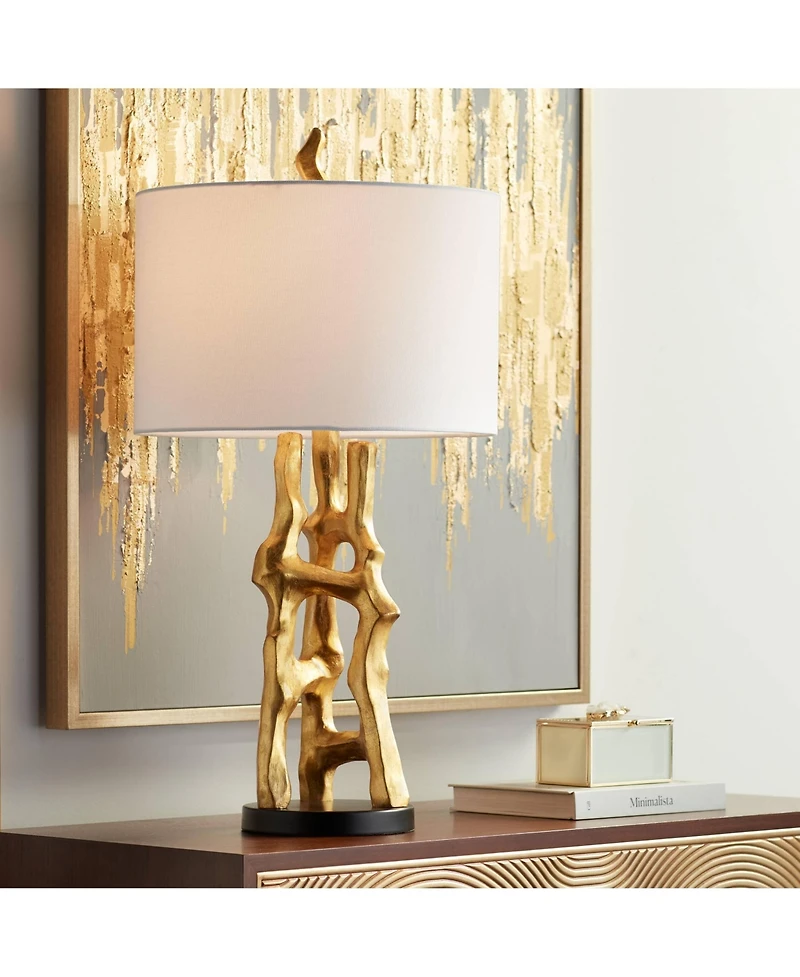 Possini Euro Design Organic Sculpture 29" Tall Modern Glam End Table Lamp Gold Finish Single White Shade Living Room Bedroom