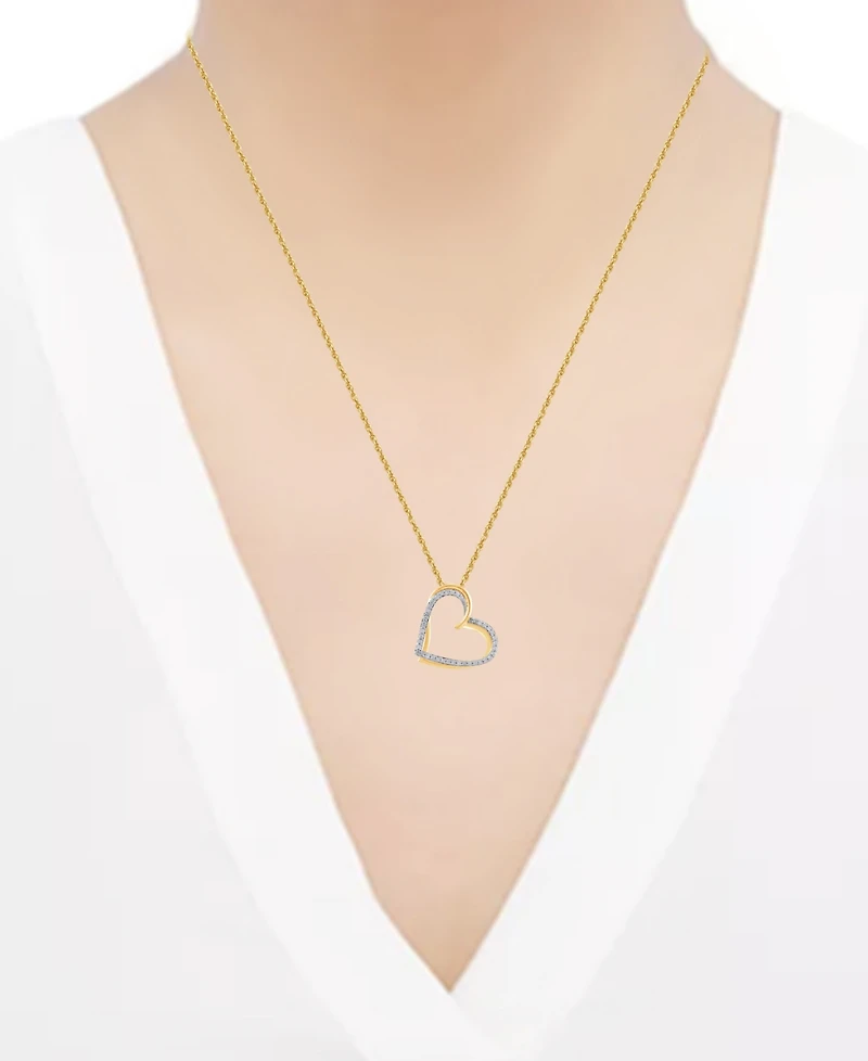 Diamond Diagonal Double Heart Pendant Necklace (1/4 ct. t.w.) in Sterling Silver & 14k Gold-Plate, 16" + 2" extender