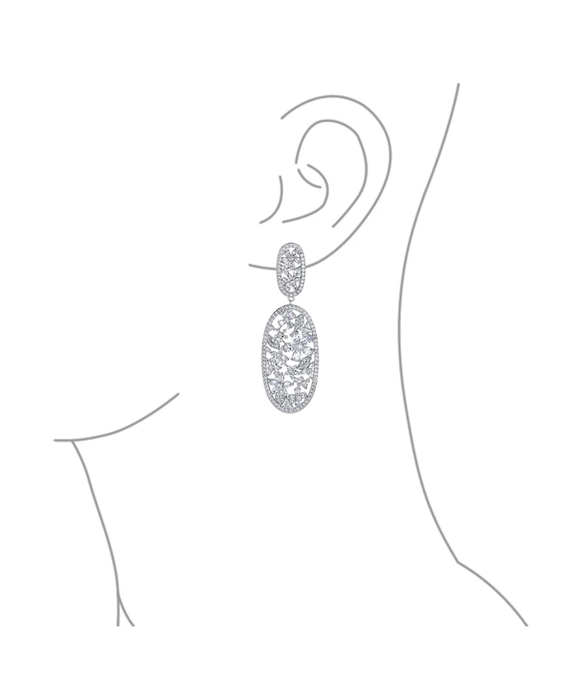 Bling Jewelry Large Cubic Zirconia Flower Leaf Oval Long Statement Cz Bouquet Chandelier Dangle Clip On Earrings Prom Rhodium Plated Brass