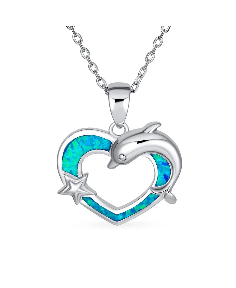 Bling Jewelry Created Blue Opal Inlay Nautical Ocean Marine Hawaiian Vacation Heart Starfish Sea Life Dolphin Dangling Pendant Necklace Sterling Silve