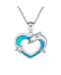 Bling Jewelry Created Blue Opal Inlay Nautical Ocean Marine Hawaiian Vacation Heart Starfish Sea Life Dolphin Dangling Pendant Necklace Sterling Silve
