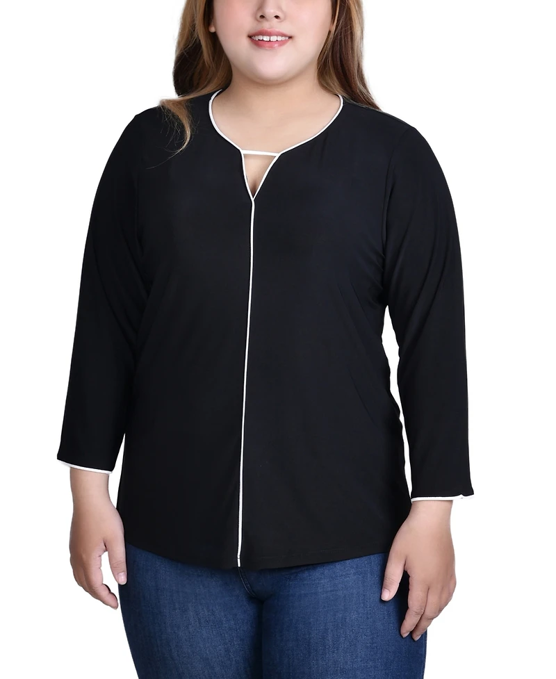 Ny Collection Plus 3/4 Sleeve Piped Top