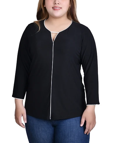 Ny Collection Plus 3/4 Sleeve Piped Top