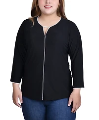 Ny Collection Plus 3/4 Sleeve Piped Top