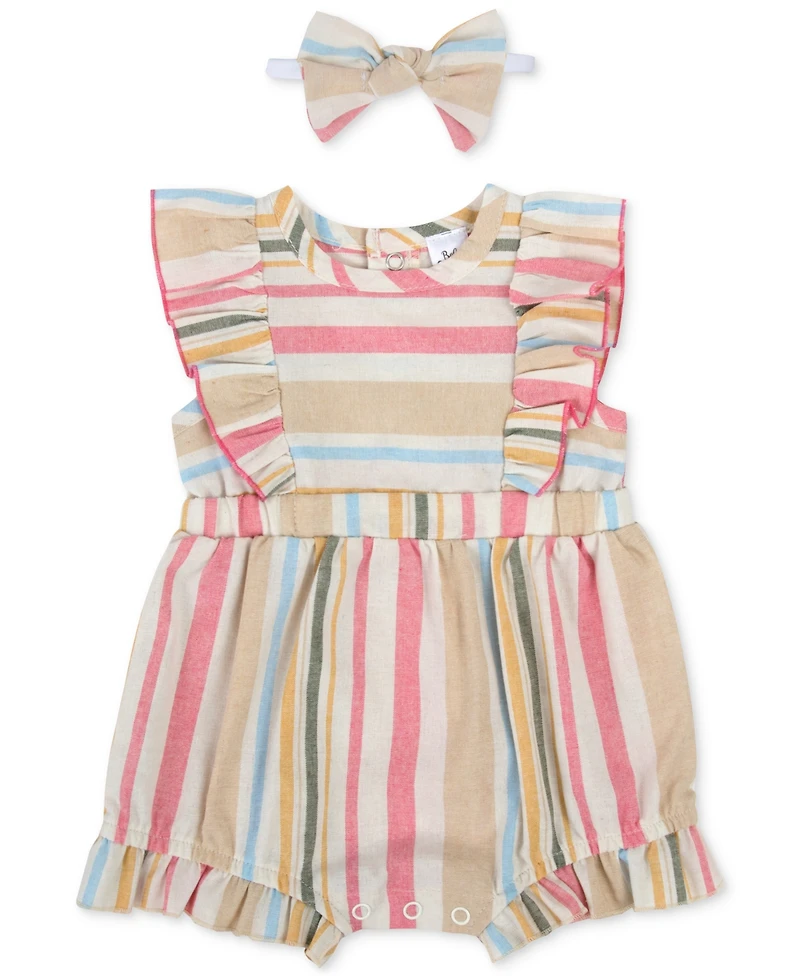Baby Essentials Girls Striped Romper and Headband, 2 Piece Set