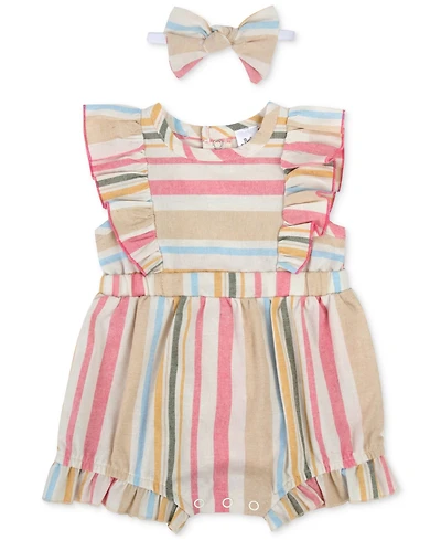 Baby Essentials Girls Striped Romper and Headband, 2 Piece Set
