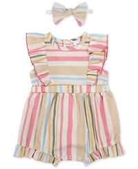 Baby Essentials Girls Striped Romper and Headband, 2 Piece Set
