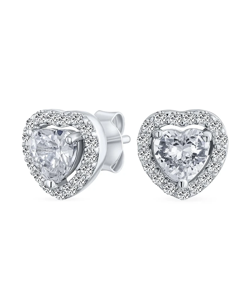 Bling Jewelry Cubic Zirconia Heart Shaped Stud Earrings Halo Bezel Set Cz Sterling Silver
