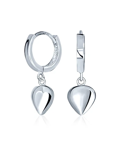 Bling Jewelry Delicate Sterling Silver Dangle Puff Heart Shaped Charm Huggie Hoop Earrings For