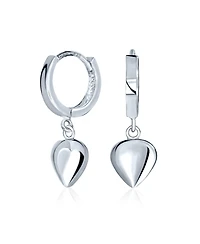 Bling Jewelry Delicate Sterling Silver Dangle Puff Heart Shaped Charm Huggie Hoop Earrings For
