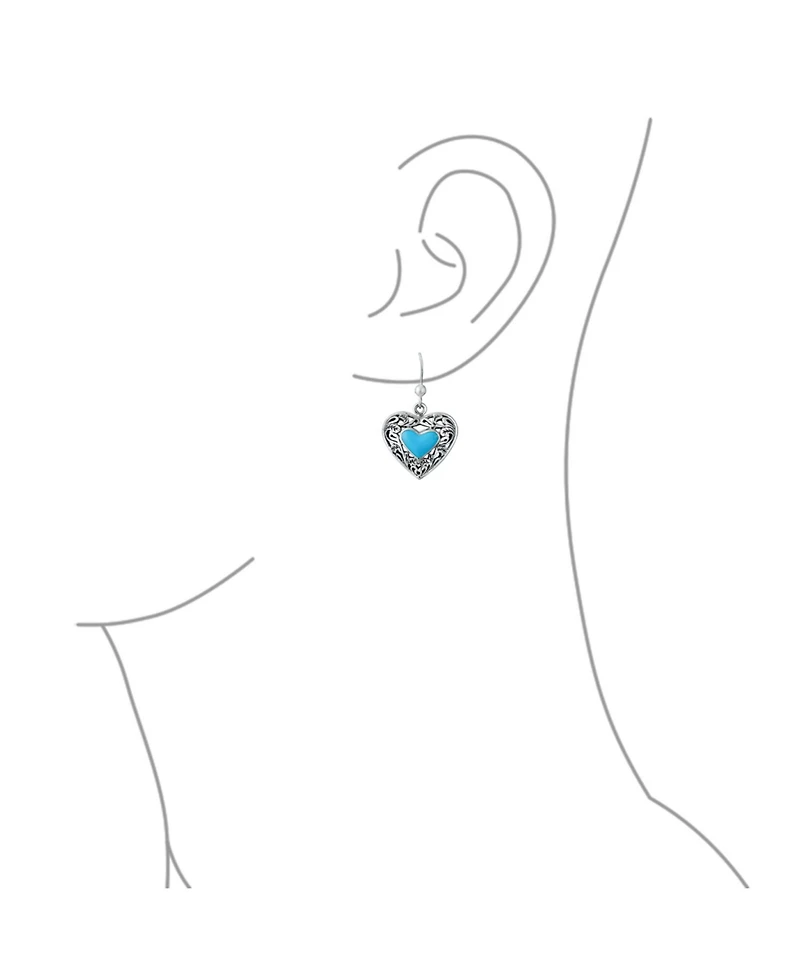 Bling Jewelry Boho Bali Style Scroll Filigree Blue Natural Turquoise Heart Shaped Dangling Earrings Oxidized Sterling Silver Fish Hook