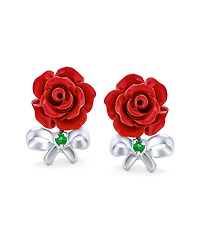 Bling Jewelry Delicate Floral Blooming Flower Emerald Green Cz Bow Ribbon 3D carved Red Rose Stud Earrings Sterling Silver