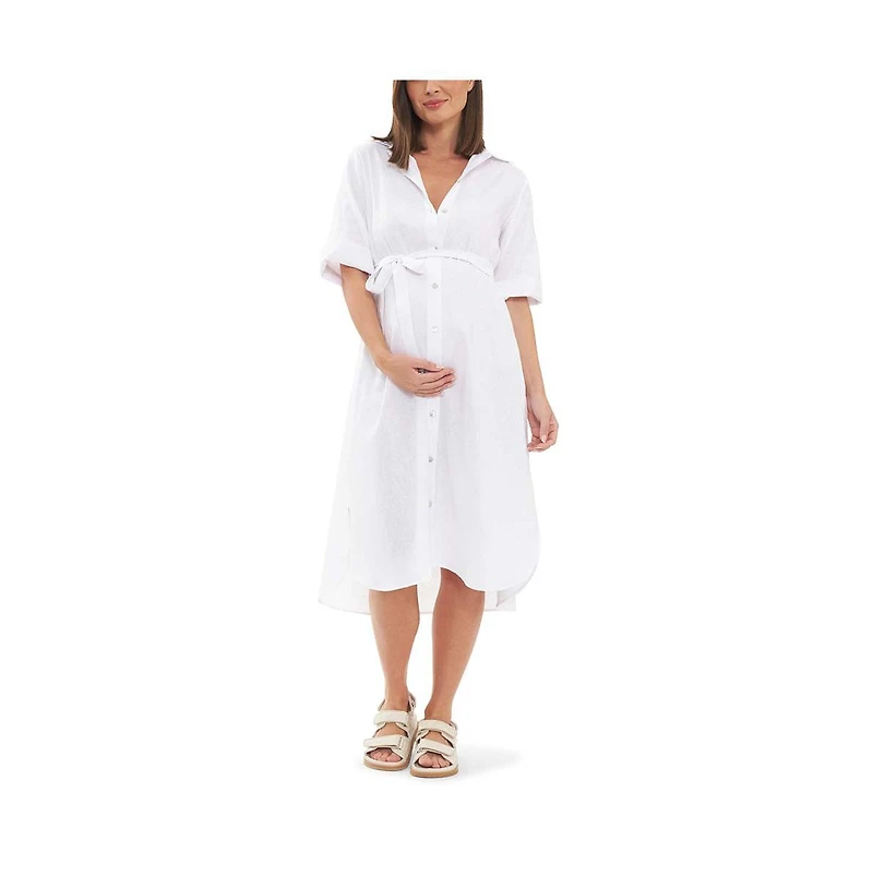 Ripe Maternity Molly Linen Button Through Shirt Dress White
