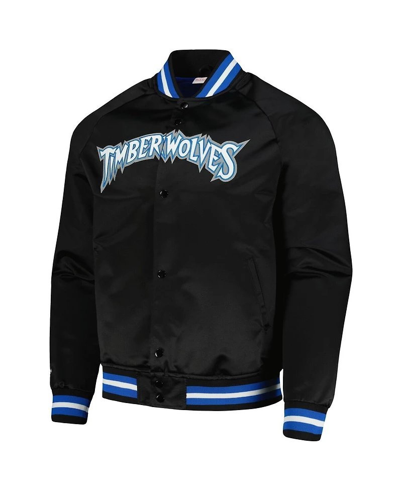 Men's Mitchell & Ness Black Minnesota Timberwolves Hardwood Classics Throwback Wordmark Raglan Full-Snap Jacket
