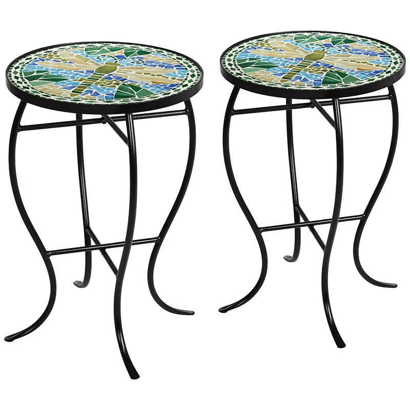 Dragonfly Scene Black Metal Round Outdoor Accent Side Tables 14" Wide Set of 2 Blue Mosaic Tile Tabletop Gracefully Curved Legs Spaces Porch Patio Hom