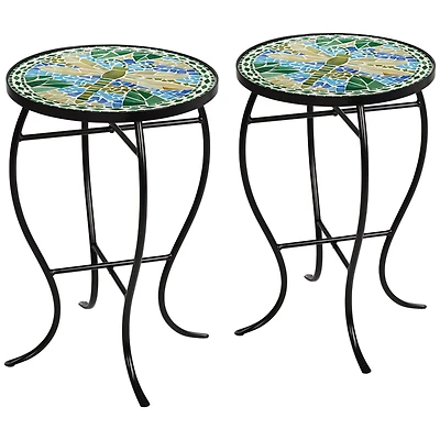 Dragonfly Scene Black Metal Round Outdoor Accent Side Tables 14" Wide Set of 2 Blue Mosaic Tile Tabletop Gracefully Curved Legs Spaces Porch Patio Hom