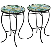 Dragonfly Scene Black Metal Round Outdoor Accent Side Tables 14" Wide Set of 2 Blue Mosaic Tile Tabletop Gracefully Curved Legs Spaces Porch Patio Hom