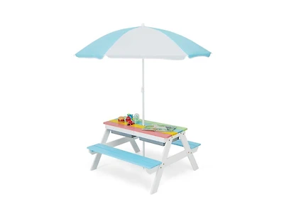 3-in-1 Kids Outdoor Picnic Water Sand Table with Umbrella Play Boxes