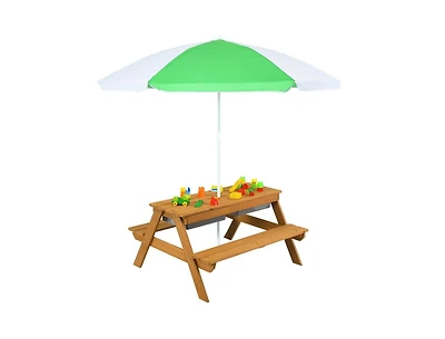 3-in-1 Kids Outdoor Picnic Water Sand Table with Umbrella Play Boxes