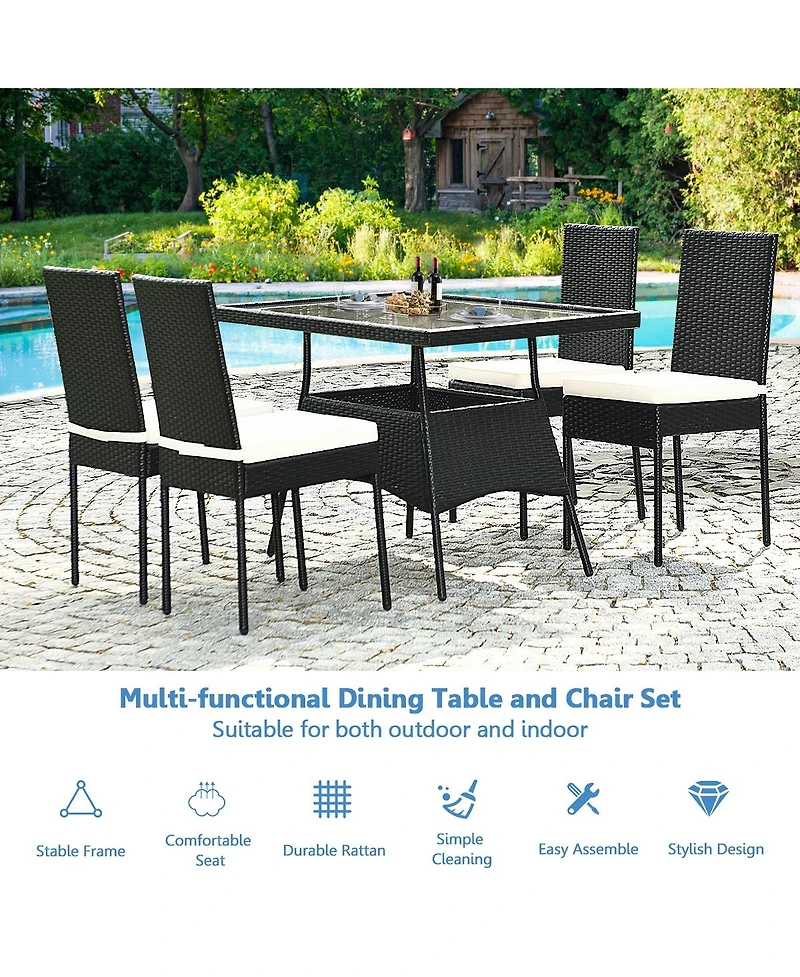 5 Pieces Outdoor Patio Rattan Dining Set with Glass Top Cushions