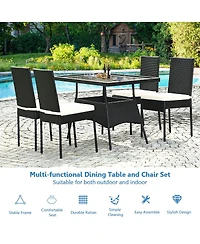 5 Pieces Outdoor Patio Rattan Dining Set with Glass Top Cushions
