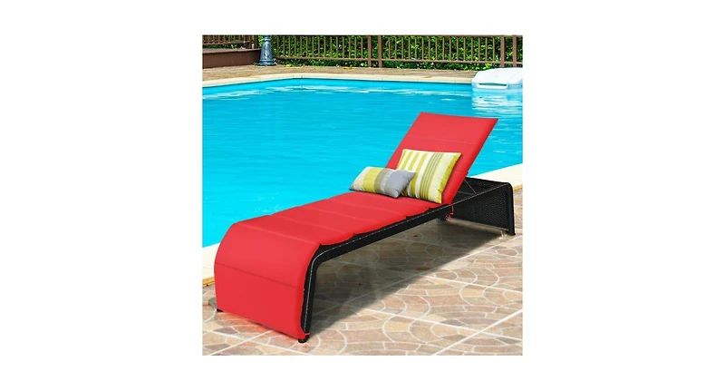 Patio Rattan Lounge Chair Back Adjustable Chaise Recliner with Cushioned