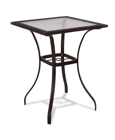 28.5 Inch Outdoor Patio Square Glass Top Table with Rattan Edging