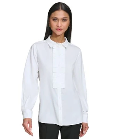 Karl Lagerfeld Womens Collared Pleat Front Long Sleeve Top