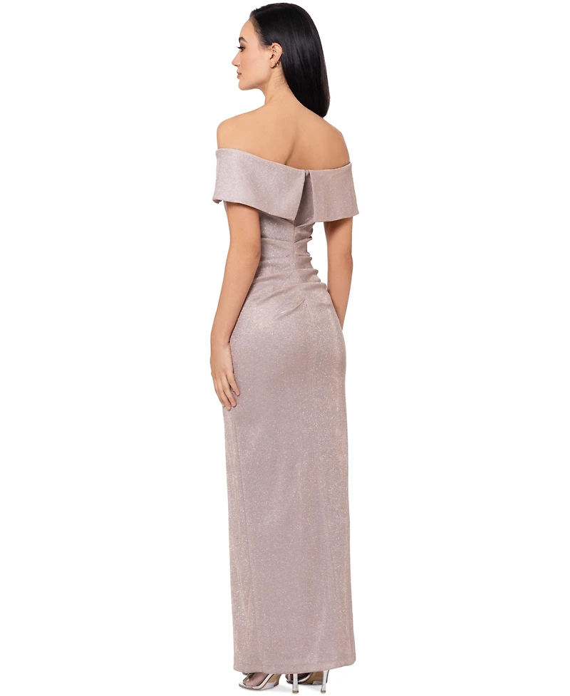 Xscape Women's Off-The-Shoulder Draped-Detail Leg-Slit Gown