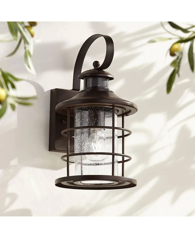 Hogan Vintage-like Outdoor Wall Light Fixture Oil Rubbed Bronze 14" Seedy Glass Dusk to Dawn Motion Sensor for Exterior House Porch Patio Outside