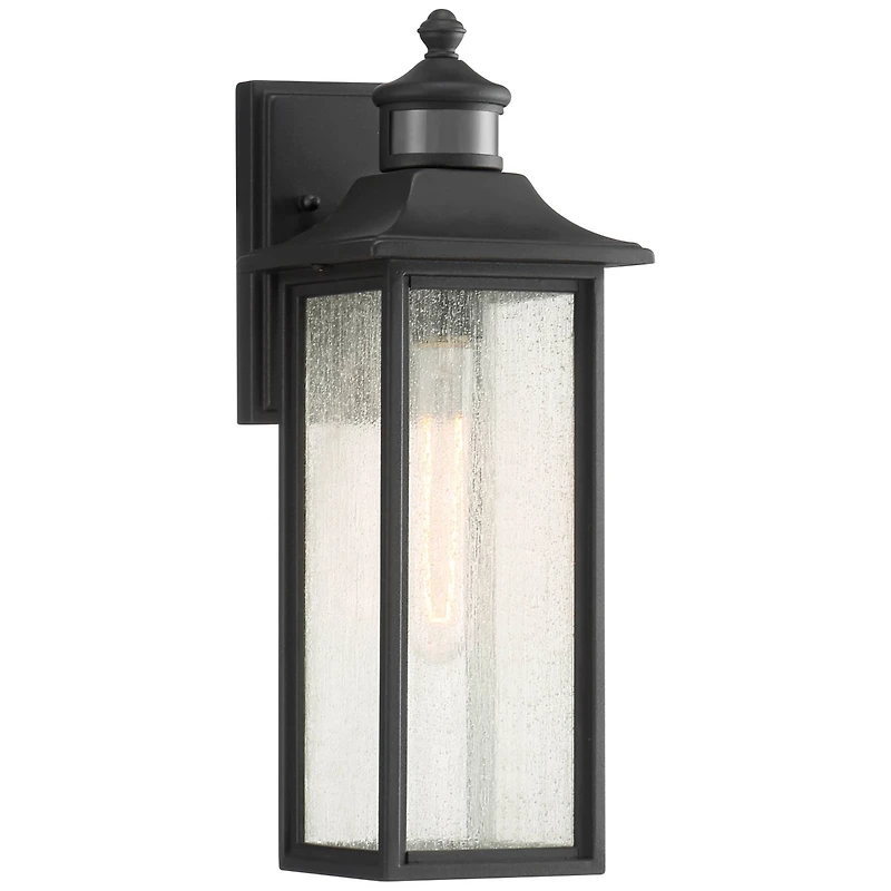 John Timberland Mission Outdoor Wall Light Fixture Black Dusk to Dawn Motion Sensor 16 1/2" Seeded Glass for Exterior House Porch