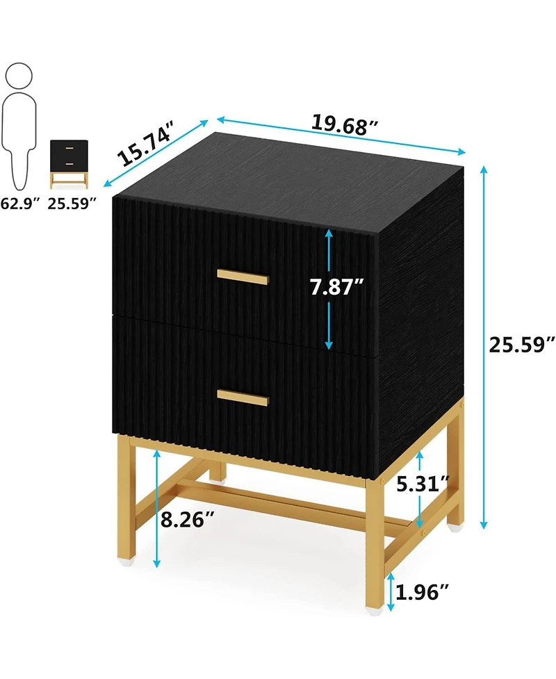 Tribesigns 2-Drawer Nightstand, White Gold Night Stands Bed Side Table with Storage Large, Wood Metal Nightstands Bedroom Organizer, Striped