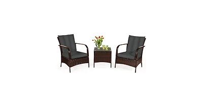3 Pcs Patio Conversation Rattan Furniture Set with Glass Top Coffee Table and Cushions