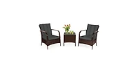 3 Pcs Patio Conversation Rattan Furniture Set with Glass Top Coffee Table and Cushions