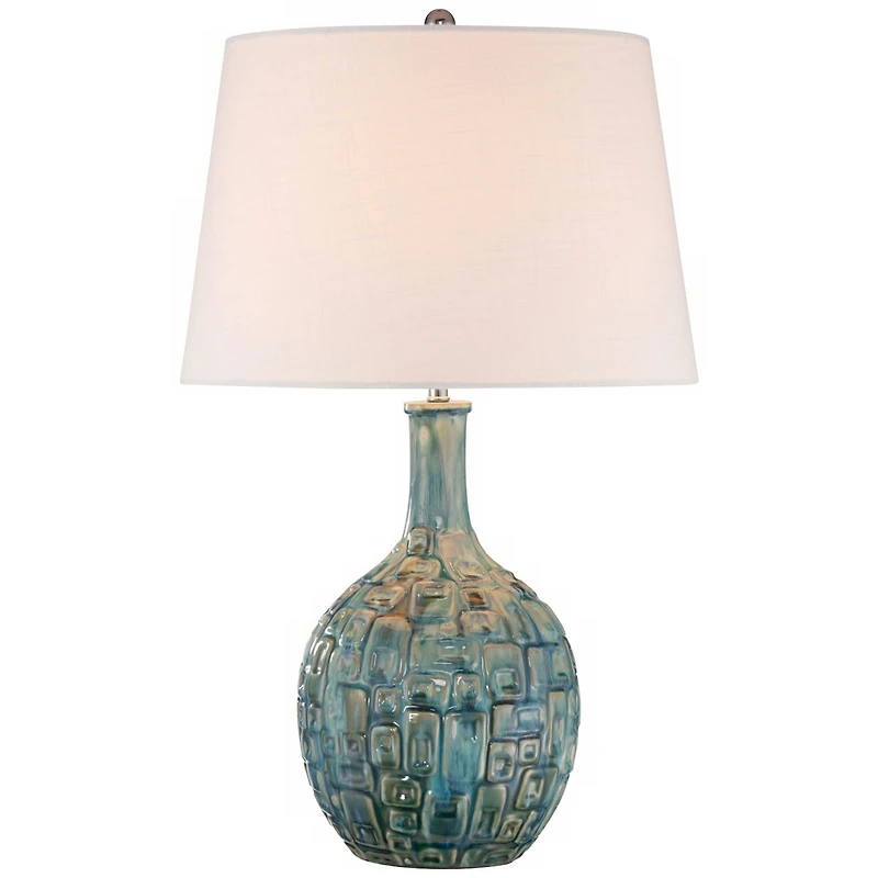 Modern Table Lamp 26" High Teal Glaze Raised Square Ceramic Gourd White Fabric Tapered Drum Shade Decor for Bedroom Living Room House Home Bedside Nig