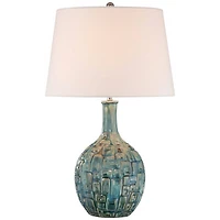 Modern Table Lamp 26" High Teal Glaze Raised Square Ceramic Gourd White Fabric Tapered Drum Shade Decor for Bedroom Living Room House Home Bedside Nig