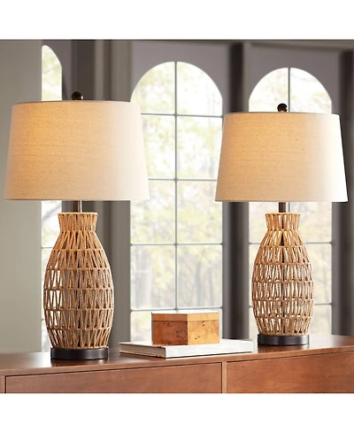 360 Lighting San Carlos Coastal Modern Table Lamps 29" Tall Set of 2 Natural Rattan Wicker Oatmeal Fabric Drum Shade for Bedroom Living Room Beds