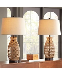 360 Lighting San Carlos Coastal Modern Table Lamps 29" Tall Set of 2 Natural Rattan Wicker Oatmeal Fabric Drum Shade for Bedroom Living Room Beds