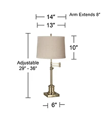 360 Lighting Swing Arm Desk Table Lamp 36" Tall Antique Brass Natural Linen Drum Shade for Living Room Bedroom Nightstand Office Family