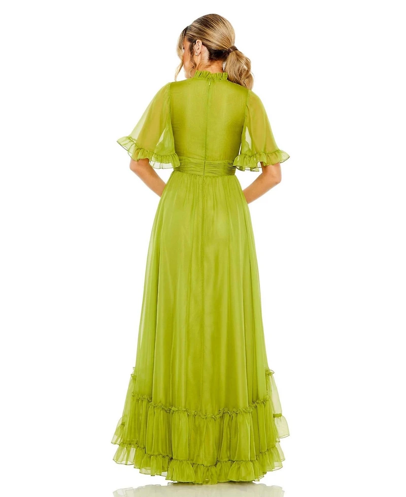 Women's Ruffled High Neck Flutter Sleeve Low Hem Gown