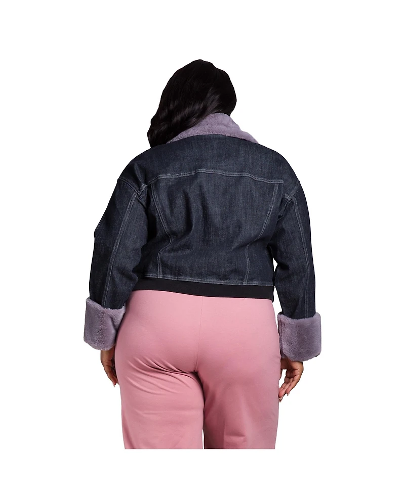Women's Plus Curvy Fit Zip Up Faux Fur Trim Trucker Jacket