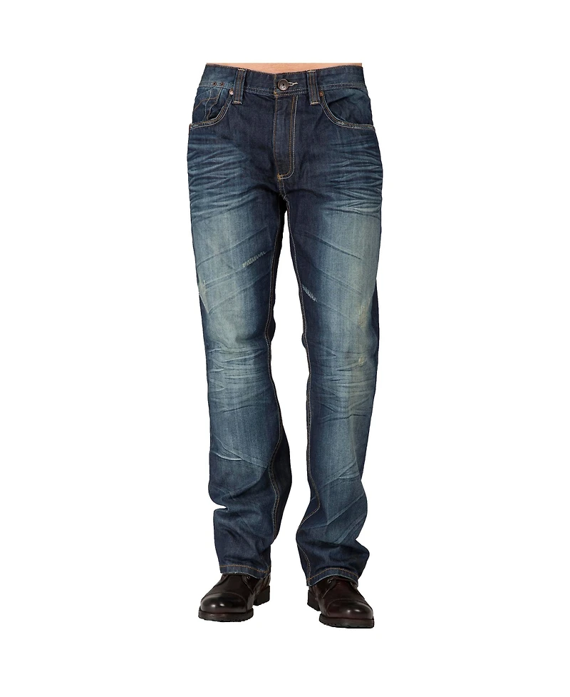 Men's Slim Straight Premium Jeans Dark Tinted Blue Hand Rub Whisker