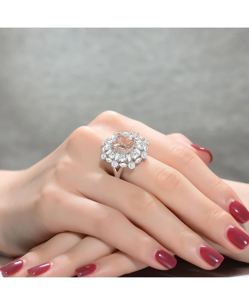 Sterling Silver White Gold Plated with Square Pink and Cubic Zirconia's Petals Flower Ring