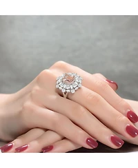 Sterling Silver White Gold Plated with Square Pink and Cubic Zirconia's Petals Flower Ring
