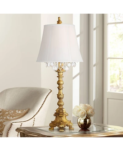 Barnes and Ivy Duval Traditional Table Lamp 34" Tall Gold Candlestick Crystal White Fabric Bell Shade for Bedroom Living Room Bedside Office Fami
