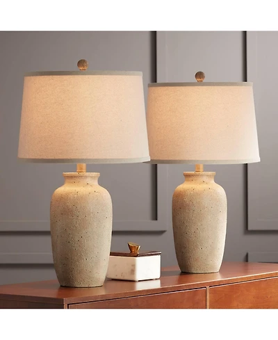 Regency Hill 25 1/2" High Farmhouse Rustic Coastal Table Lamps Set of 2 Beige Oatmeal Shade Living Room Bedroom Bedside Nightstand